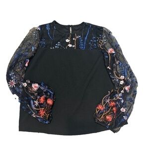 Black Floral Sheer Balloon Sleeve Shirt